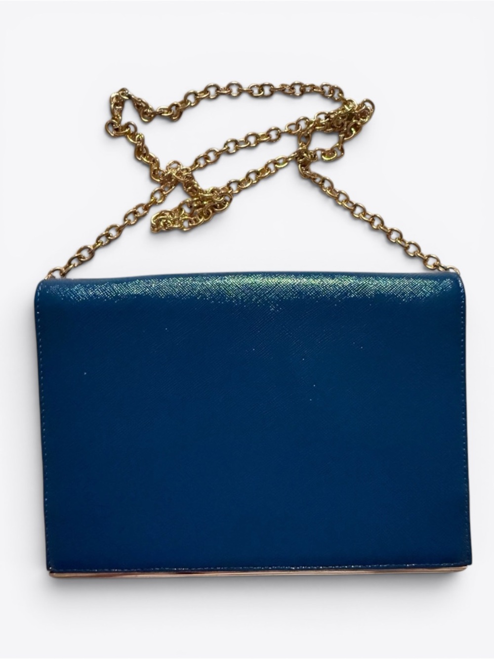 Nordstrom Halogen Peacock Blue Saffiano Leather Clutch Wallet Gold Chain Formal